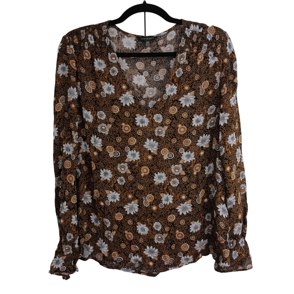 Lucky Brand Womens Floral V-Neck Blouse Long Sleeve Black Mustard Size M